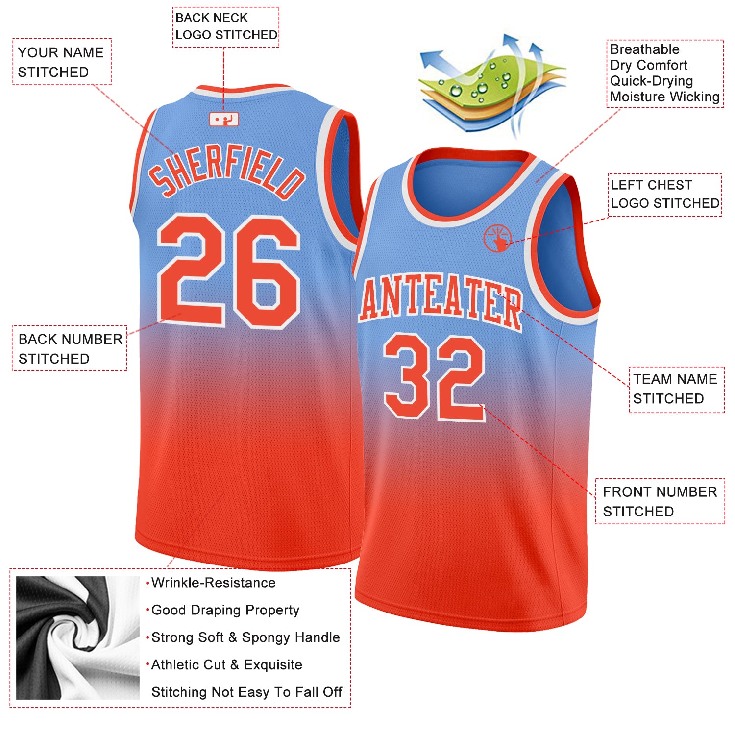 Custom Team Orange Basketball Authentic Blue Throwback Jersey White