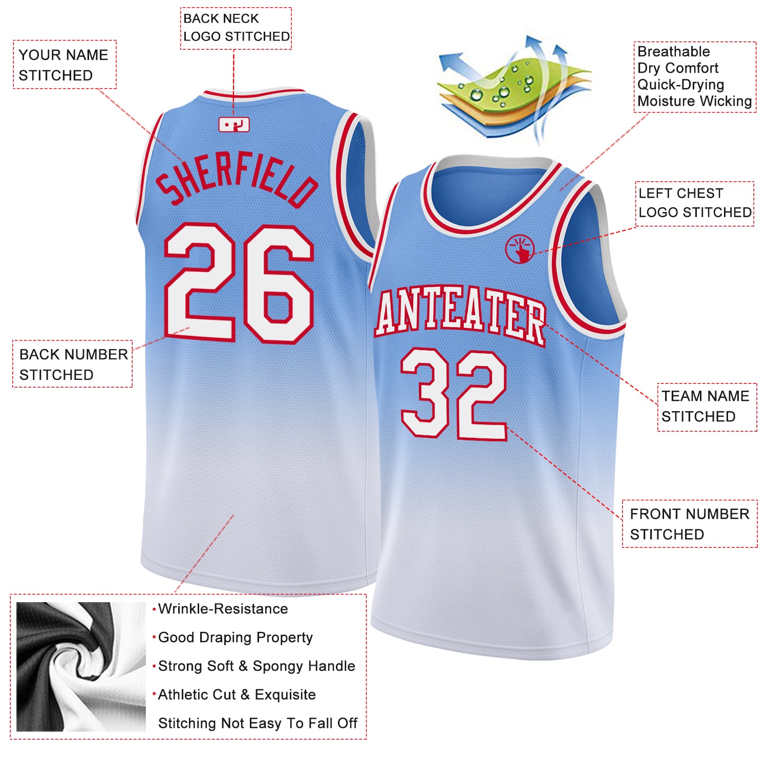 Custom Light Blue White-Red Authentic Fade Fashion Basketball Jersey  Discount