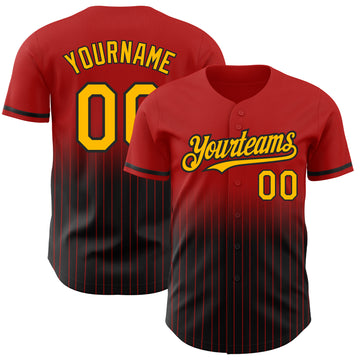 Custom Red Pinstripe Gold-Black Authentic Fade Fashion Baseball Jersey