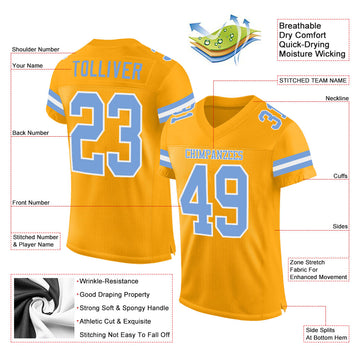 Custom Gold Light Blue-White Mesh Authentic Football Jersey