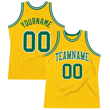 Custom Gold White Pinstripe Kelly Green Authentic Basketball Jersey