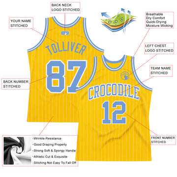 Custom Gold White Pinstripe Light Blue Authentic Basketball Jersey