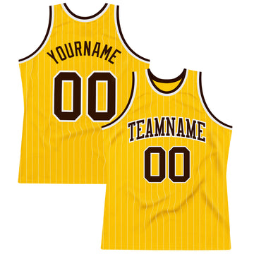 Custom Gold White Pinstripe Brown Authentic Basketball Jersey