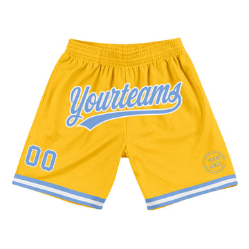 Custom Gold Light Blue-White Authentic Throwback Basketball Shorts