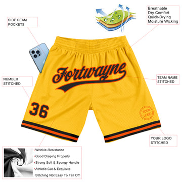 Custom Gold Black-Orange Authentic Throwback Basketball Shorts