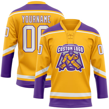 Custom Gold White-Purple Hockey Lace Neck Jersey