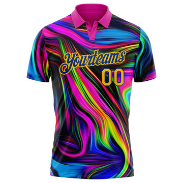 Custom Deep Pink Yellow-Royal 3D Pattern Design Abstract Colorful Psychedelic Fluid Art Performance Golf Polo Shirt