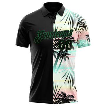 Custom Black Green 3D Pattern Design Tropical Hawaii Palm Leaves Performance Golf Polo Shirt