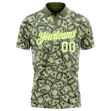 Custom Green White-Neon Green 3D Pattern Design Dollar Performance Golf Polo Shirt
