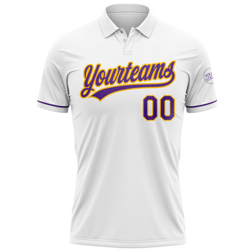 Custom White Purple-Gold Performance Vapor Golf Polo Shirt