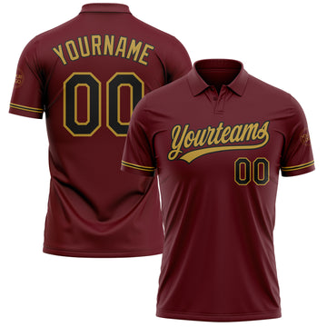 Custom Burgundy Black-Old Gold Performance Vapor Golf Polo Shirt