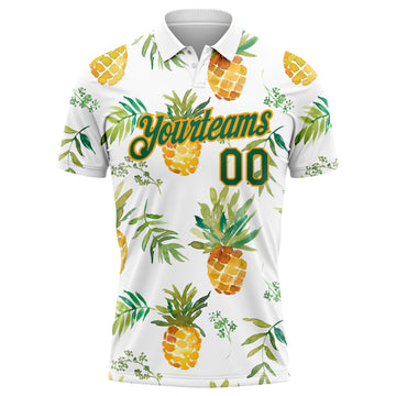 Custom White Kelly Green-Gold 3D Pattern Design Pineapples Performance Golf Polo Shirt