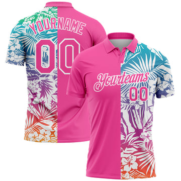 Custom Pink White 3D Pattern Design Tropical Palm Leaves Performance Golf Polo Shirt