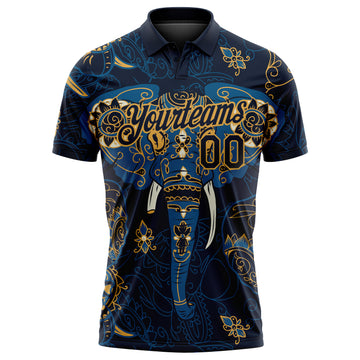 Custom Navy Old Gold 3D Pattern Design Elephant Performance Golf Polo Shirt