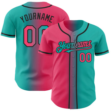 Custom Aqua Neon Pink-Black Authentic Gradient Fashion Baseball Jersey