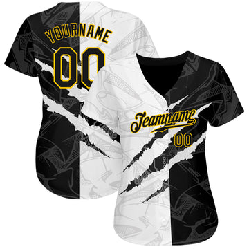 Custom Graffiti Pattern Black-Gold 3D Scratch Authentic Baseball Jersey