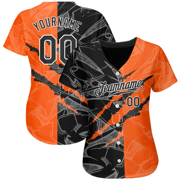 Custom Graffiti Pattern Black-Orange 3D Scratch Authentic Baseball Jersey