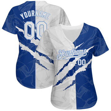 Custom Graffiti Pattern White Royal-Light Blue 3D Scratch Authentic Baseball Jersey