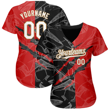 Custom Graffiti Pattern White Red Black-Old Gold 3D Scratch Authentic Baseball Jersey