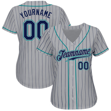 Custom Gray Navy Pinstripe Navy-Teal Authentic Baseball Jersey