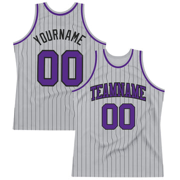 Custom Gray Black Pinstripe Purple Authentic Basketball Jersey