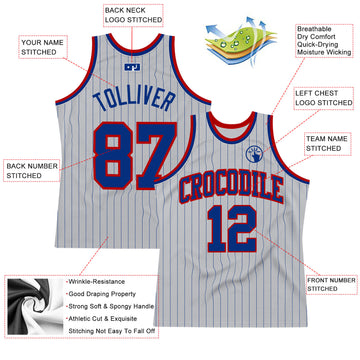 Custom Gray Royal Pinstripe Royal-Red Authentic Basketball Jersey