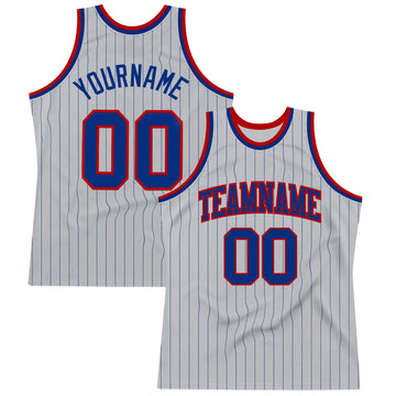 Custom Gray Royal Pinstripe Royal-Red Authentic Basketball Jersey