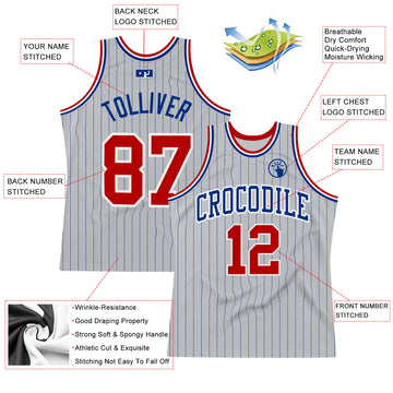 Custom Gray Royal Pinstripe Red-White Authentic Basketball Jersey
