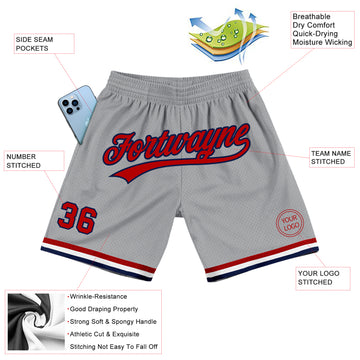 Custom Gray Red-Navy Authentic Throwback Basketball Shorts