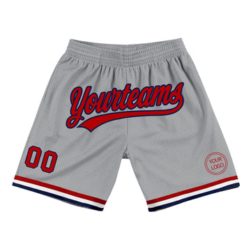 Custom Gray Red-Navy Authentic Throwback Basketball Shorts