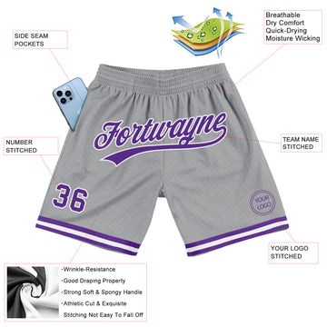 Custom Gray Purple-White Authentic Throwback Basketball Shorts