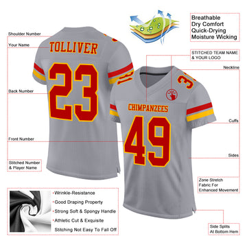 Custom Gray Red-Gold Mesh Authentic Football Jersey