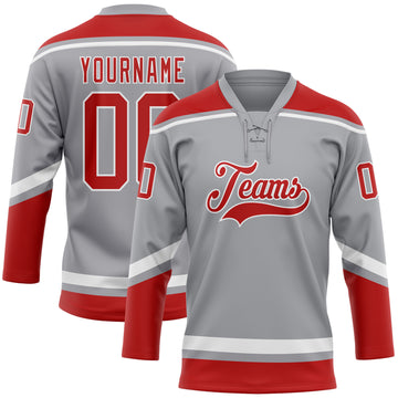 Custom Gray Red-White Hockey Lace Neck Jersey