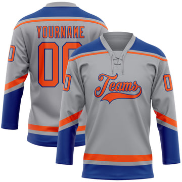 Custom Gray Orange-Royal Hockey Lace Neck Jersey