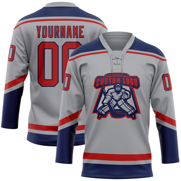 Custom Gray Red-Navy Hockey Lace Neck Jersey