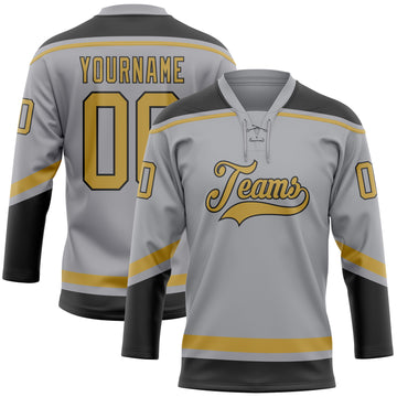 Custom Gray Old Gold-Black Hockey Lace Neck Jersey