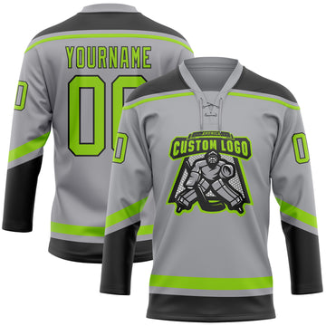 Custom Gray Neon Green-Black Hockey Lace Neck Jersey