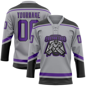 Custom Gray Purple-Black Hockey Lace Neck Jersey