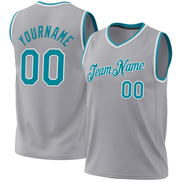 Custom Gray Teal-White Authentic Throwback Basketball Jersey