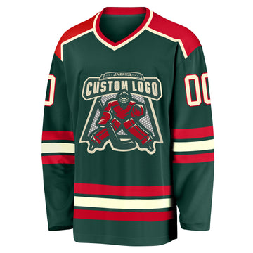 Custom Green Cream-Red Hockey Jersey