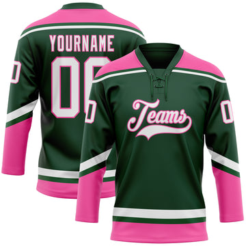 Custom Green White-Pink Hockey Lace Neck Jersey