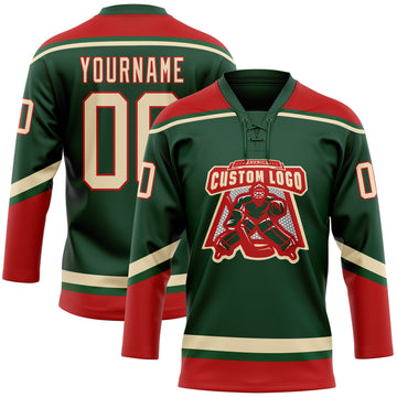 Custom Green City Cream-Red Hockey Lace Neck Jersey