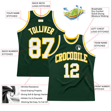 Custom Hunter Green White-Gold Authentic Throwback Basketball Jersey