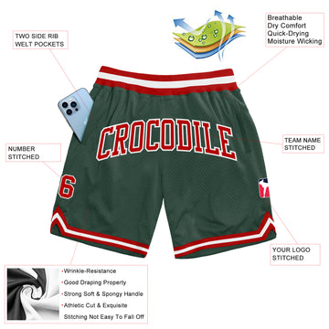 Custom Hunter Green Red-White Authentic Throwback Basketball Shorts