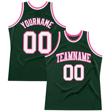 Custom Hunter Green White-Pink Authentic Throwback Basketball Jersey