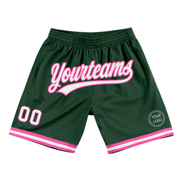 Custom Hunter Green White-Pink Authentic Throwback Basketball Shorts