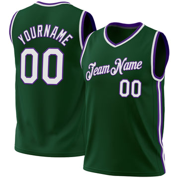 Custom Hunter Green White-Purple Authentic Throwback Basketball Jersey