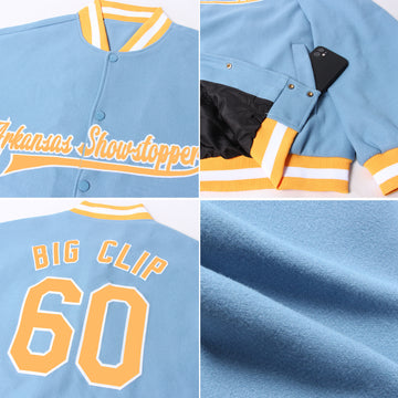 Custom Light Blue Gold-White Bomber Full-Snap Varsity Letterman Jacket