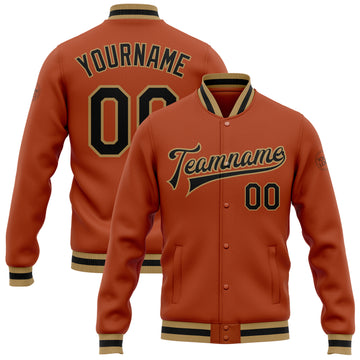 Custom Texas Orange Black-Old Gold Bomber Full-Snap Varsity Letterman Jacket