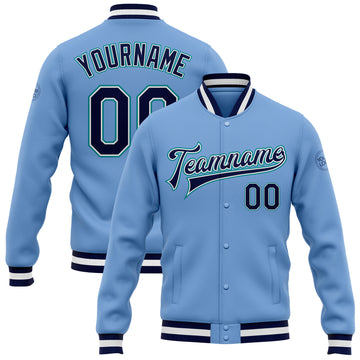 Custom Light Blue Navy-Aqua Bomber Full-Snap Varsity Letterman Jacket